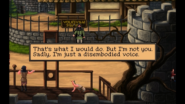 A Screenshot from Quest of Infamy containing the text "that's what I would do. But I;'m not you. Sadly. I'm Juts a disembodied voice"