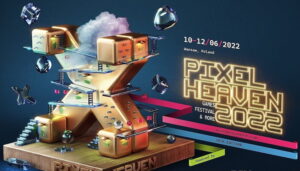 Graphic of the Pixel Awards Europe 2022 - a golden X that doubles as a house. Behind that are a pink, blue and green stripes going off to right with the golden text Pixel Heaven 2022