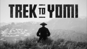 Black and white asian field, a city is distantly seen in the left side. A silhouette of a man with his back to us and a rice hat is sitting down looking over the valley. Above his head in the white sky are the words trek to yomi. the to has two black lines over and under it. Pixel Awards Europe 2022