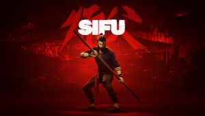 Sifu art - red background with asian man holding fighting stick in centre. Above his head in white is the word sifu. Pixel Awards Europe 2022 nominee