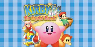 Kirby 64 - Kirby and The Crystal Shards cover Image. Kirby is bursting out of a yellow star shaped hole in a blue gingham background. Around him is a pink haired girl, a blue penguin in a red cloak, a red mushroom and a black haired boy in a green shirt.