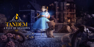 Tandem a tale of shadows cover shows a girl in a blue dress holding a latern in a dark and spooky garden. Next to her is a teddy bear, houses can be seen behind her. Pixel Awards Europe 2022