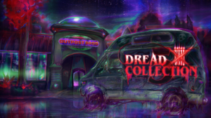 A dirty abandonded van sits in front of th entrance to Outpost 3000. The van is labelled Dread X Collection 5. The whole image is tinted purple, red and green to look other-worldly.