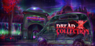 A dirty abandonded van sits in front of th entrance to Outpost 3000. The van is labelled Dread X Collection 5. The whole image is tinted purple, red and green to look other-worldly.