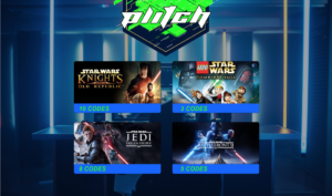 A gaming desk under blue and yellow lights. Superimposed on top is the Plitch logo in green, white and navy. Under these are 4 Star wars games logos with the numbers of available codes.