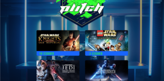 A gaming desk under blue and yellow lights. Superimposed on top is the Plitch logo in green, white and navy. Under these are 4 Star wars games logos with the numbers of free customization codes codes.