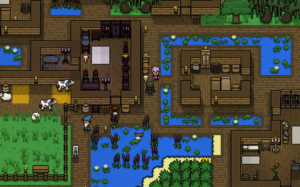Screenshot of Author's Town in Necesse. You can see waterways between wooden buildings and green fields with cows and sheep in.