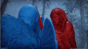 Example of high contrast mode in the god of war ragnarok accessibility features. Kartos is marked blue and Freya is marked Red.