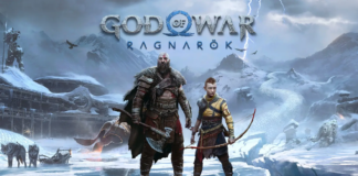 god of war ragnarok accessibility features. Cover Image has Kratos left centre with Artreus on his right. They're stood on ice in a snowy landscape. There's lightening in the sky.