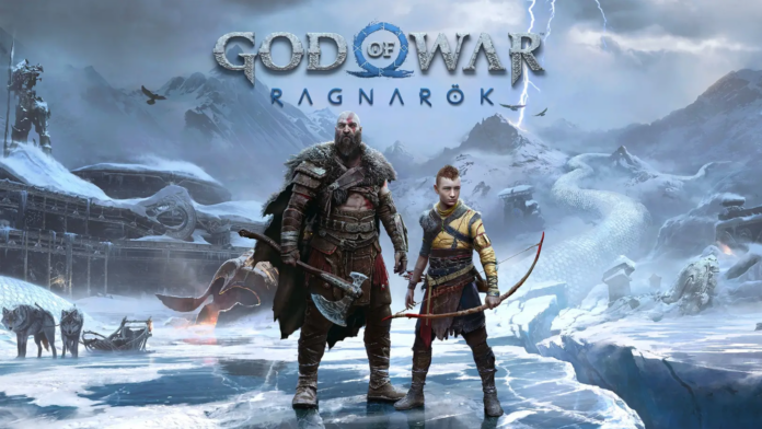 god of war ragnarok accessibility features. Cover Image has Kratos left centre with Artreus on his right. They're stood on ice in a snowy landscape. There's lightening in the sky.