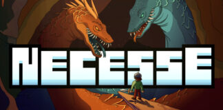 Necesse - image depicts a small man in a cave facing down two large dragons. The left dragon in reed and the right dragon is blue. The word Necesse sits between the man and the dragons heads in the middle of the frame.