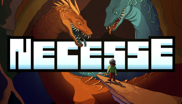 Necesse - image depicts a small man in a cave facing down two large dragons. The left dragon in reed and the right dragon is blue. The word Necesse sits between the man and the dragons heads in the middle of the frame.