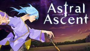 Astral Ascnt text is on right side in white. On the right is a blue haired man in a purple cloak holding a stick. the background is a purple and orange sunset. Pixel Awards Europe 2022