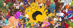 Unables logo, yellow background with a bunch of charcters around with a controller in the middle