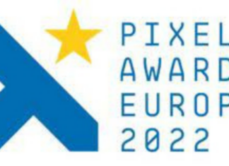Pixel Awards Europe 2022 text in blue on right, on the left is a blue t shape diagonal and a yellow star