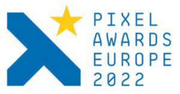 Pixel Awards Europe 2022 text in blue on right, on the left is a blue t shape diagonal and a yellow star