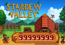 How to make more money in stardew valley cover shows the pixelated farm with a red barn on the right and some trees around it. IN the blue sky aboe there is the words stardew valley. On the very left is a player character on a horse looking to th right, on the very right is another player character holding corn over their head looking left. Between them is a large money counter maxed at 99999999