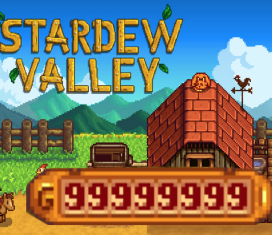 How to make more money in stardew valley cover shows the pixelated farm with a red barn on the right and some trees around it. IN the blue sky aboe there is the words stardew valley. On the very left is a player character on a horse looking to th right, on the very right is another player character holding corn over their head looking left. Between them is a large money counter maxed at 99999999