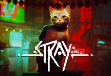 Cyberpunk city in greens, reds and black in the background, In the centre of the foreground sits a ginger cat with a black backpack on. Overlaid on top is the word Stray in white.