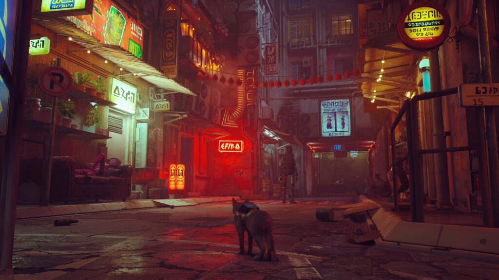 The Stray ginger cat with a black backpack is walking through a red-tinted alleyway. Shops and a robot attendants can be seen in the background