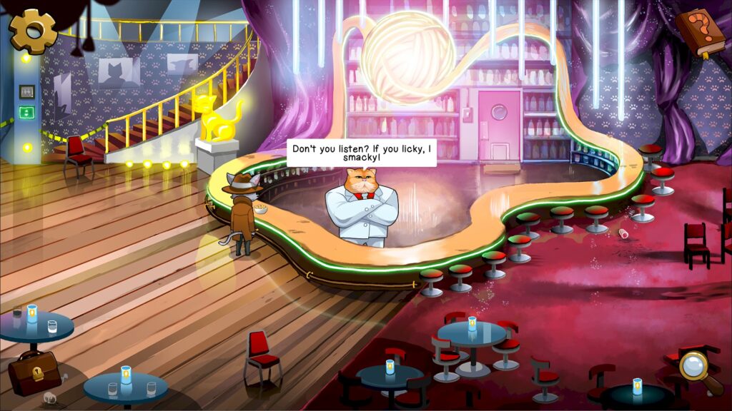 Nine Noir Lives - Cuddles stands inside the empty club talking to the giant bartender Tinkle. The club has wooden flooring on the left and a stained red carpet on the right.