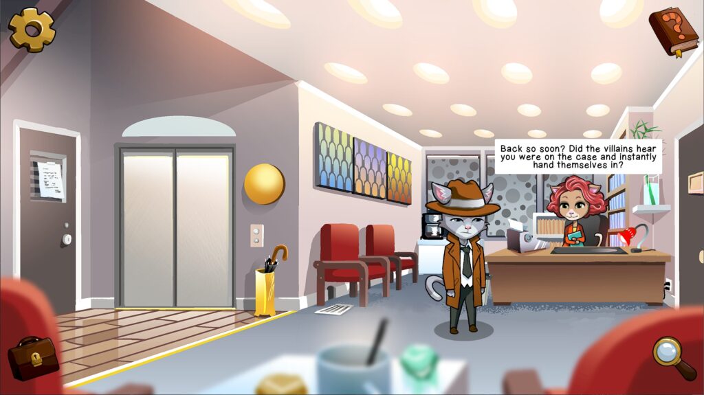 Nine Noir Lives.. Image shows Cuddles and Tabby standing in their office reception area. Tabby is seated behind a wooden desk on the right and Cuddles is stood in front of a coffe machine between her and the elevator on the left