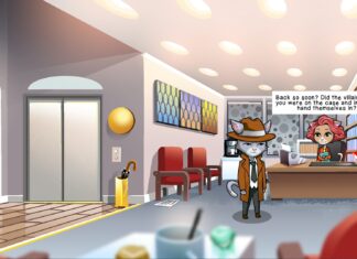 Nine Noir Lives.. Image shows Cuddles and Tabby standing in their office reception area. Tabby is seated behind a wooden desk on the right and Cuddles is stood in front of a coffe machine between her and the elevator on the left