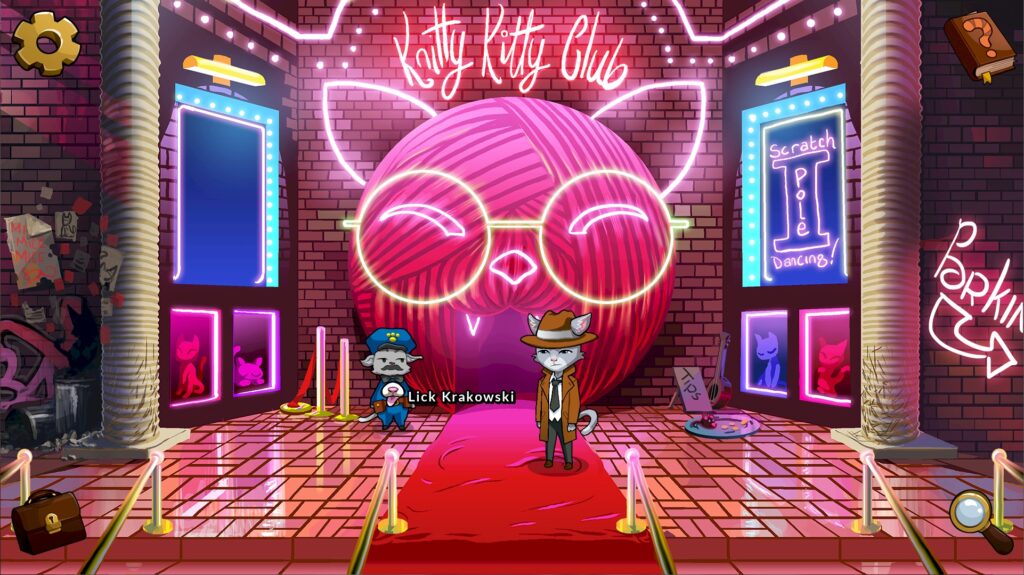 Nine Noir Lives - Cuddles stands next to a short police officer in front of the pink neon Knitt Kitty Club. The entrance is made of a ball of yarn that looks like a cat, there are scratching posts as columns..