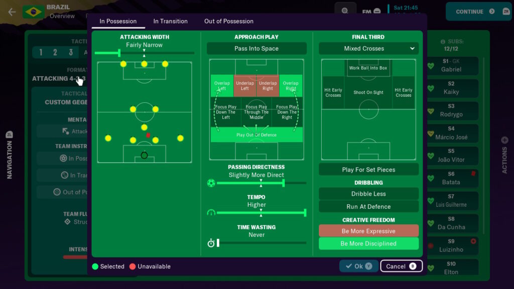 FM23 Screenshot showing in possession settings