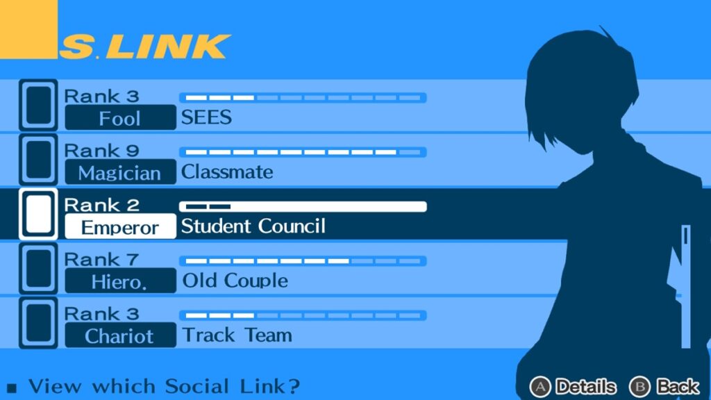 Persona 3 Social Link menu screen
