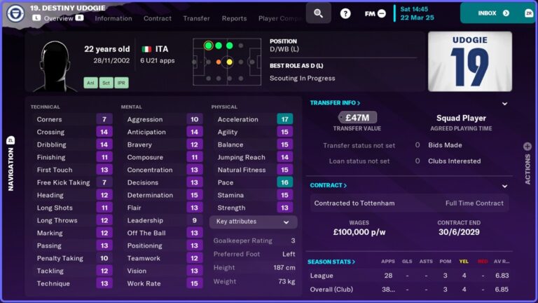 Destiny Udogie Attributes in Football Manager 23 - Used in list of Best young left backs in FM23