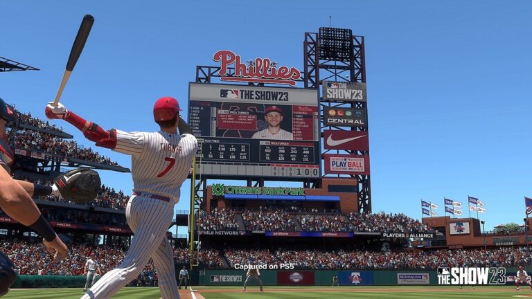 Best batting stance guide - image of Number 7 hitting a pitch in MLB the show 23