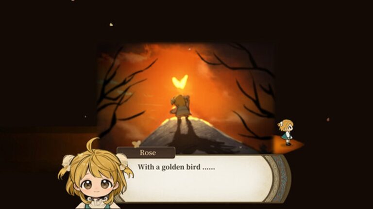Volcano Princess endings - screenshot from gameplay with text about a golden bird