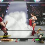 AEW Fight Forever Review - Image showing Thunder Rosa spraying a fire extinguisher at Abadon and Yuka Sakazaki