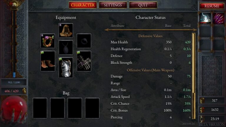 Halls of Torment Items Guide - image of character menu