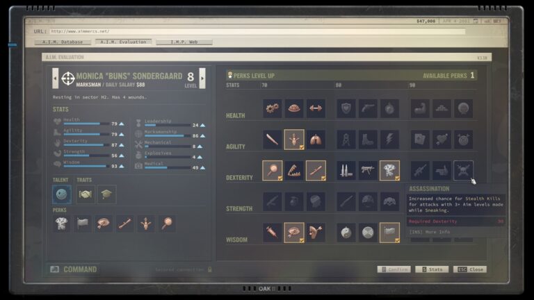 Jagged Alliance 3 Perks - screenshot of profile menu