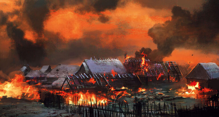 Image from the Witcher 3 showing a village burning down